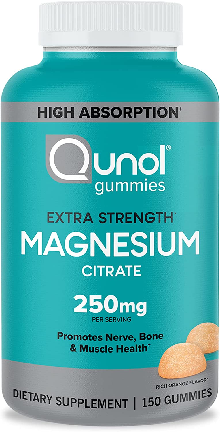 Magnesium Gummies for Adults, Qunol 250mg Extra Strength Magnesium Citrate 150 Gummies  成人鎂軟糖，Qunol 250 毫克超強檸檬酸鎂軟糖，高吸收鎂補充劑，支持神經健康、骨骼健康、肌肉健康，素食，150 粒裝